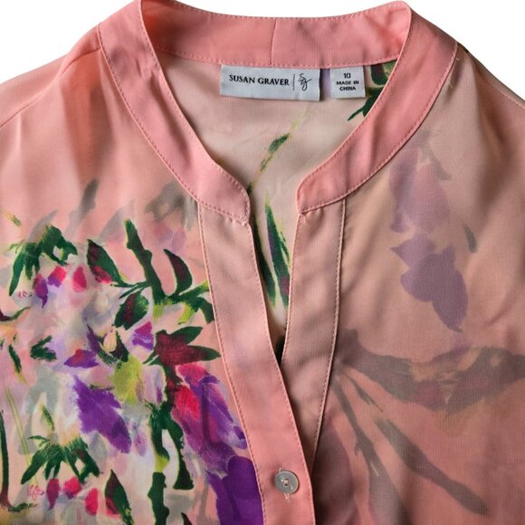 Susan Graver Sheer Pink Floral Blouse Tunic Swim Coverup 10 Excellent Condition - Picture 2 of 8